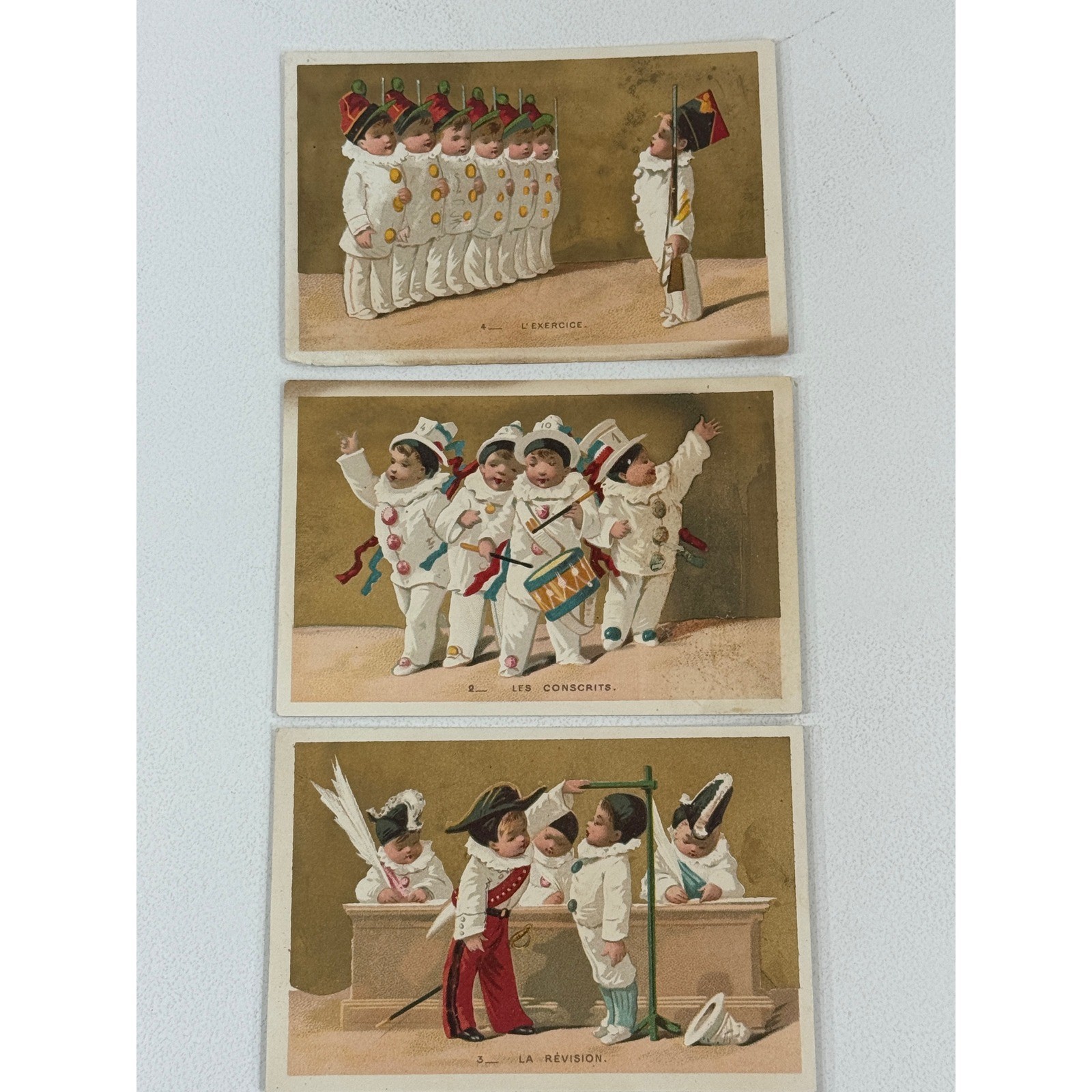 3 Antique French Victorian Trade Cards Military Soldier Babies Chromolithographs
