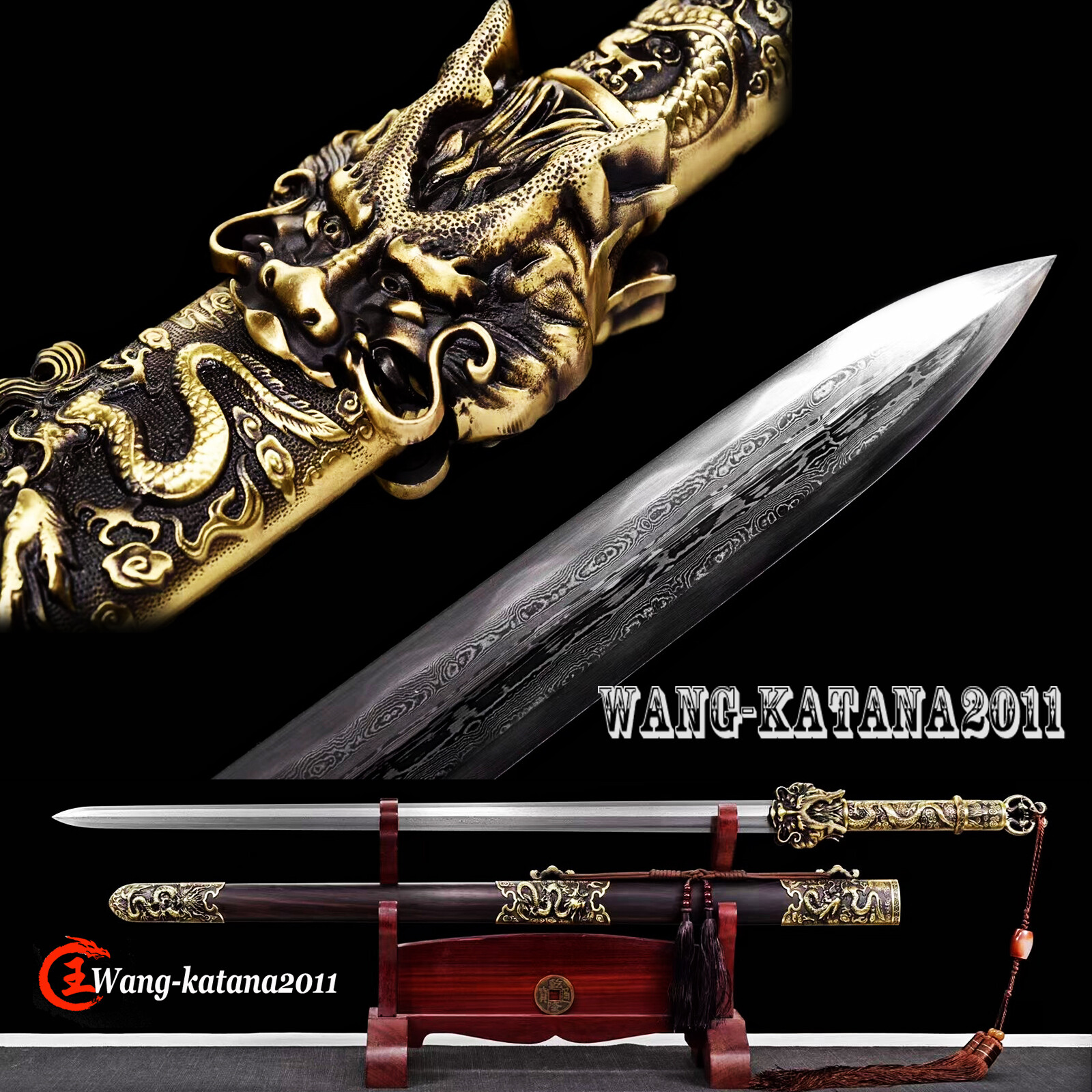 42\'\'Han Dynasty Jian Ebony+Brass Damascus Folded Steel Handmade Chinese Sword