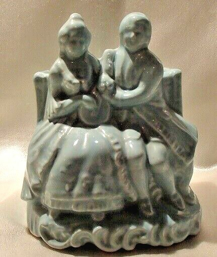 Vintage Blue Pottery Ceramic Planter Vase, Victorian Colonial Couple Sitting