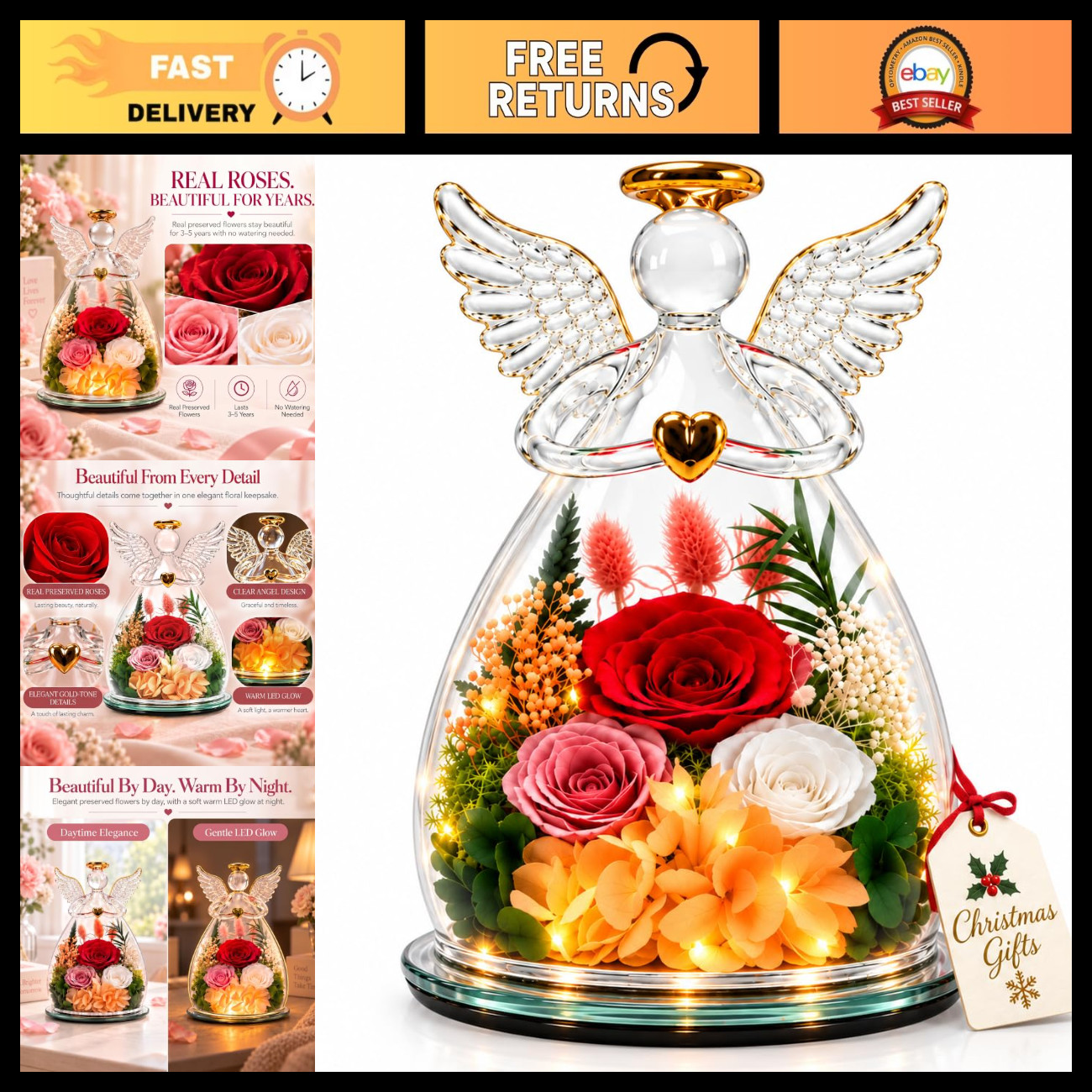 LED Light Preserved Rose Glass Angel Figurine - Perfect Gift for Women