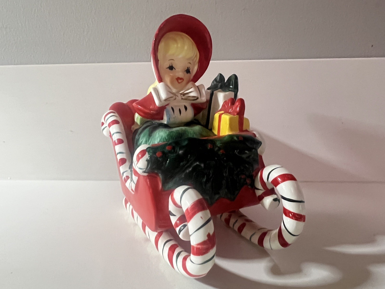 Lefton Christmas 1957 Candy Cane Sleigh Shopper Girl NM