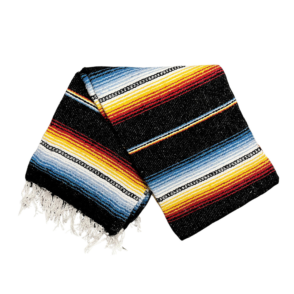 Authentic Mexican Blanket Black Blue Red Serape Striped Falsa New Sarape Mexico