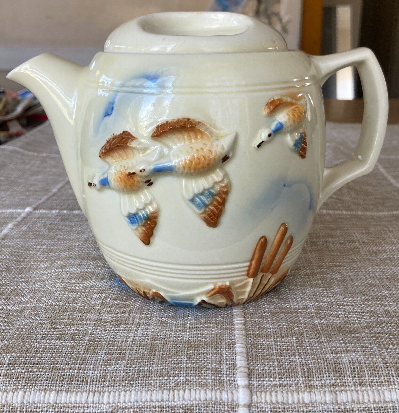 Birds Hand Painted Porcelier Teapot with Flying Geese and Cattails