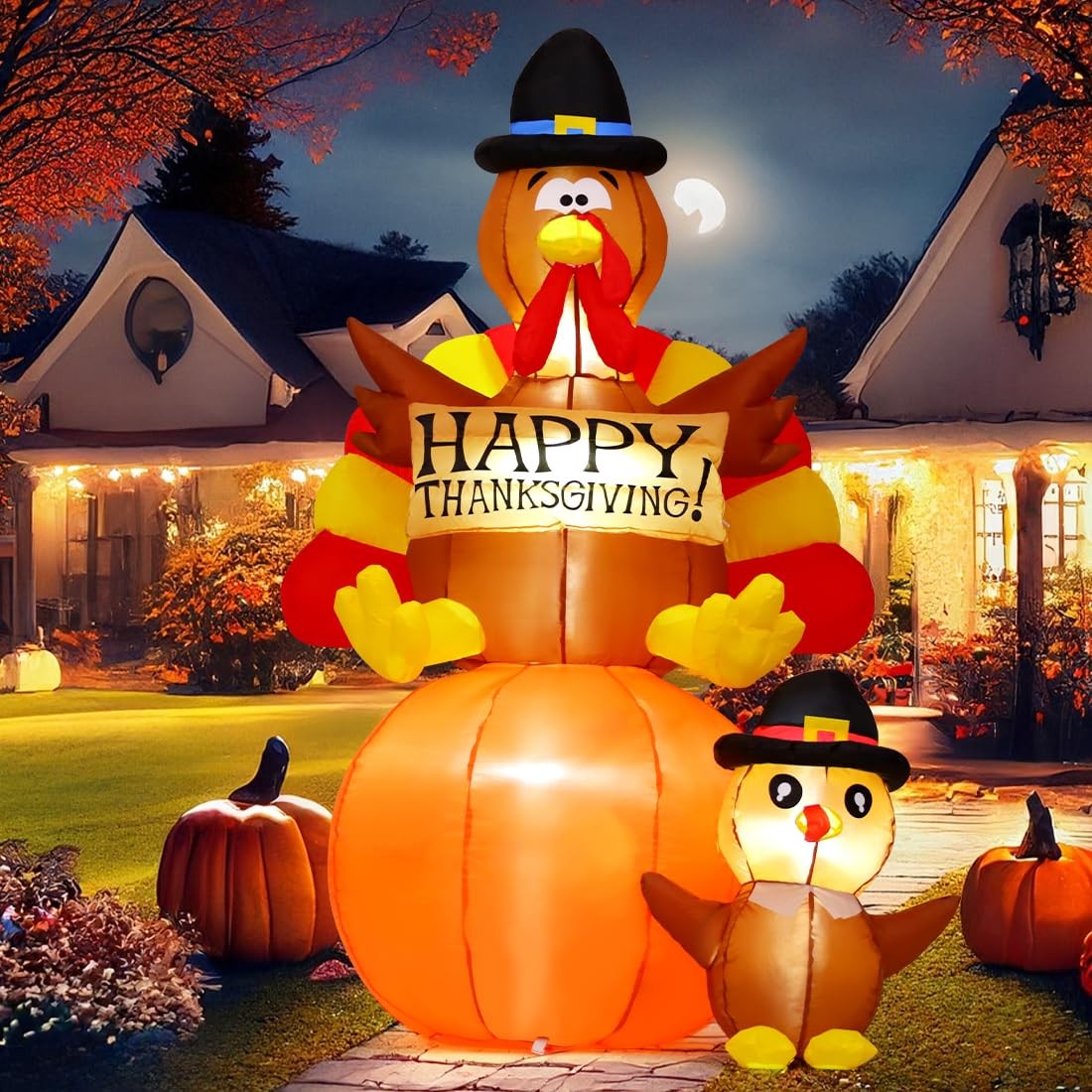 GOOSH 6 FT Thanksgiving Inflatable Turkey on Pumpkin with Turkey Baby Built-in