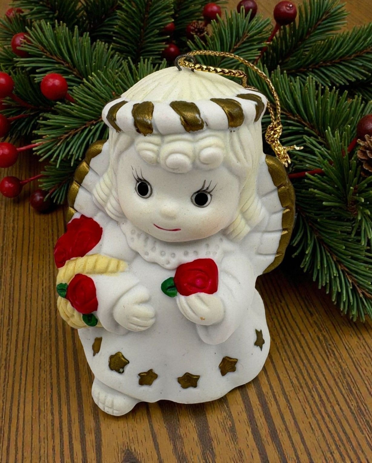 Christmas Angel Bell Ornament Porcelain Red Roses White with Gold Trim Christmas Angel Bell Ornament Porcelain Red Roses White with Gold Trim