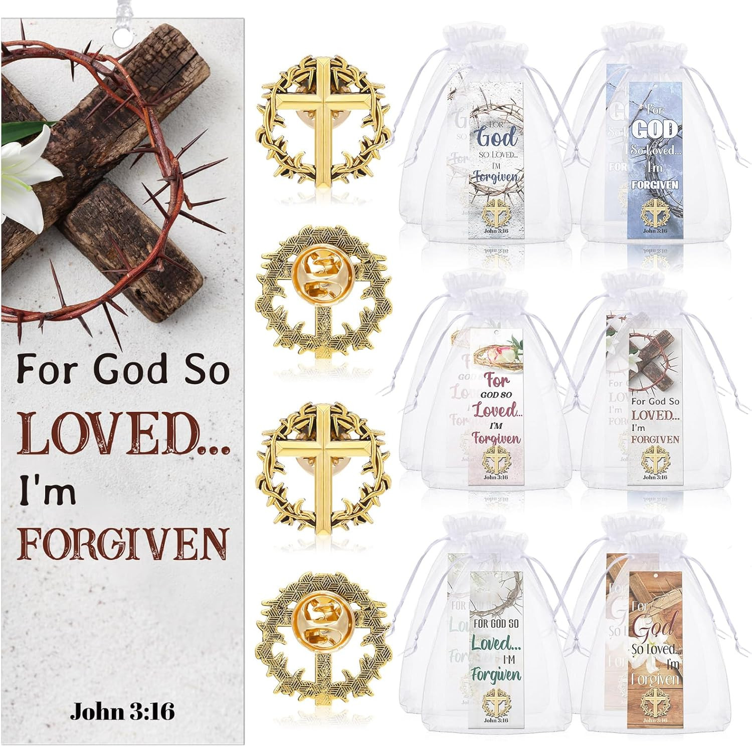 24 Pcs/12 Sets Crown of Thorns Lapel Pins with John 3: 16 Bookmark...