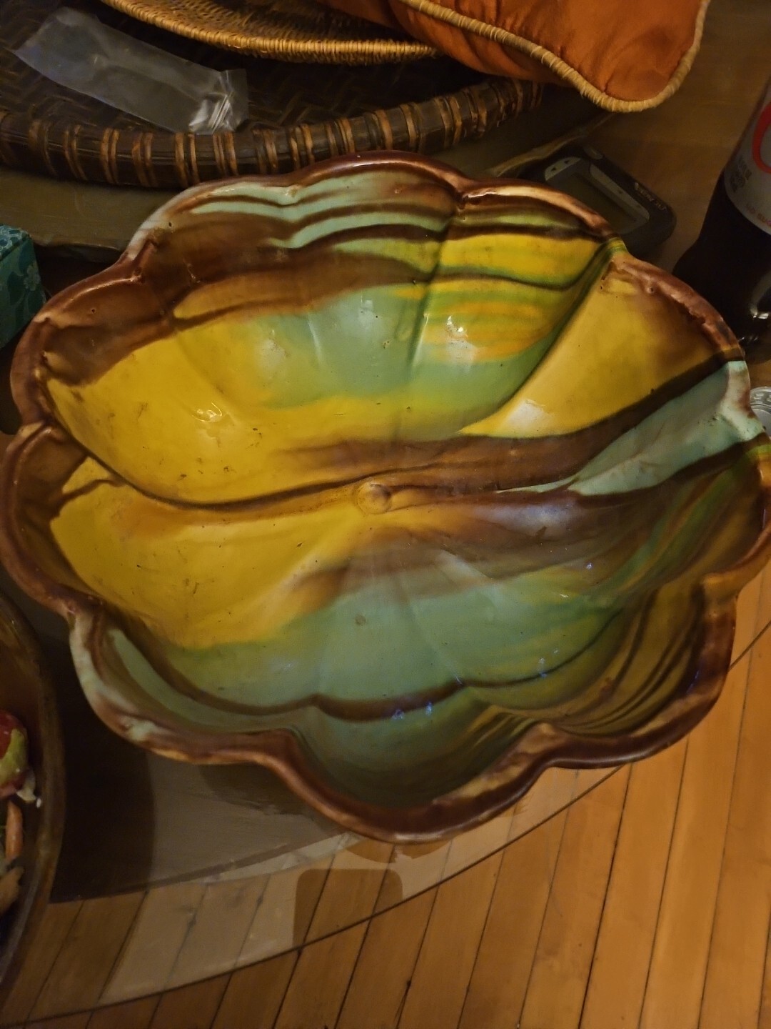 1930's Mexican Oaxacan Dripware Ribbed Bowl Ceramic Vtg mcm Centerpiece 
