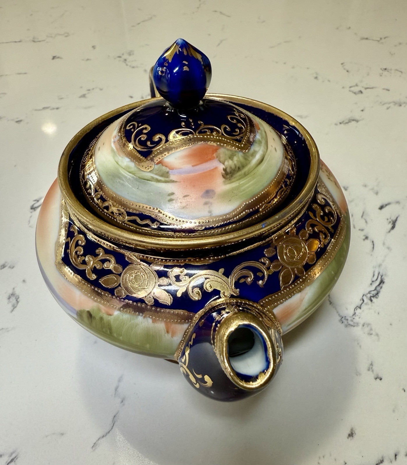 Antique Nippon Tea Set Hand Painted M-inWreath Mark Cobalt & Gold Moriage 2peice