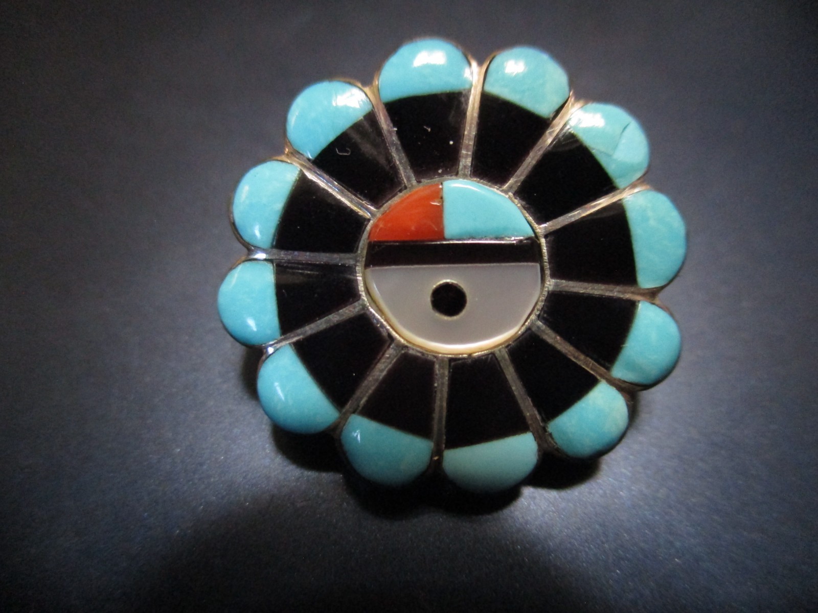 Vintage Native American Zuni Sunface Sterling Silver Turquoise  Brooch Pendant