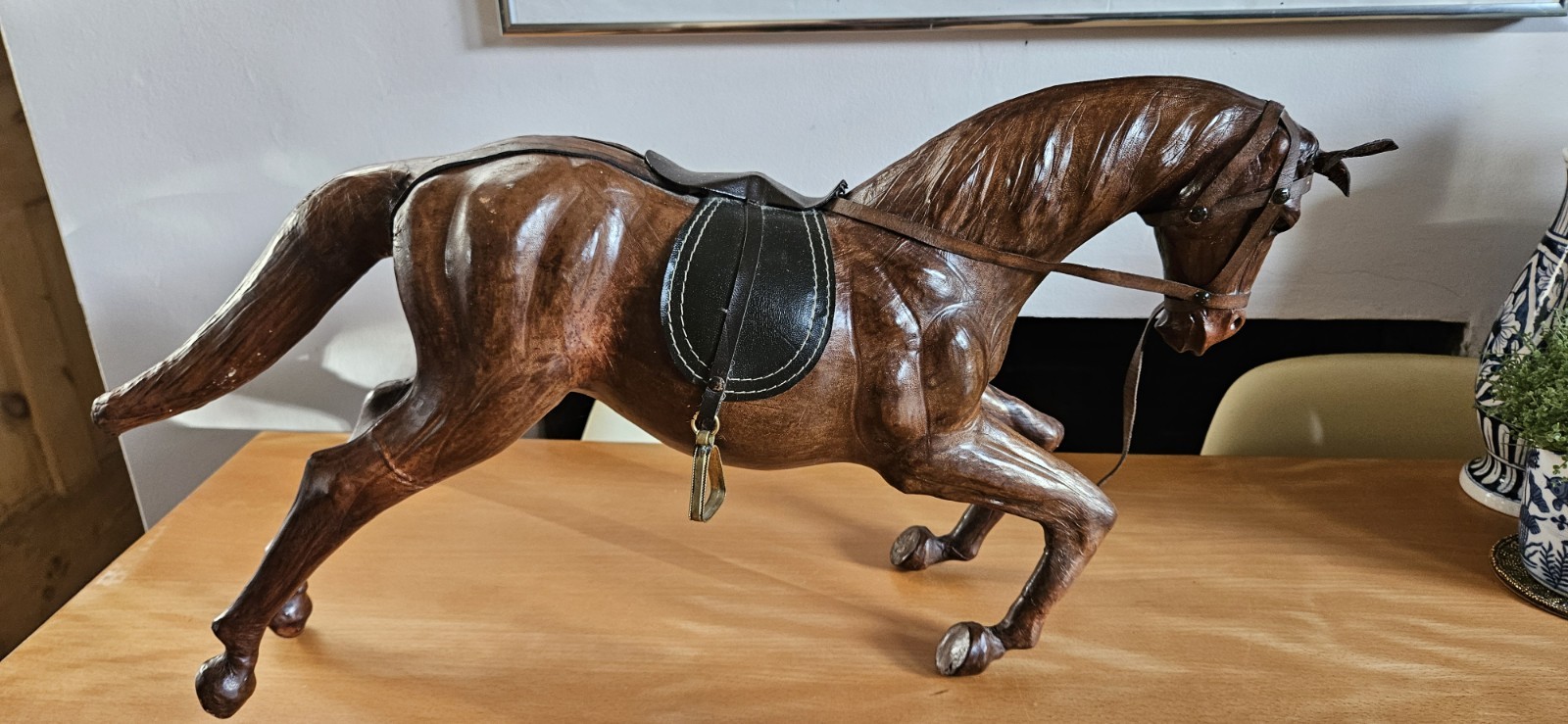 Large Vintage Leather Wrapped Horse Figurine 31” Mid Century glass eyes guc