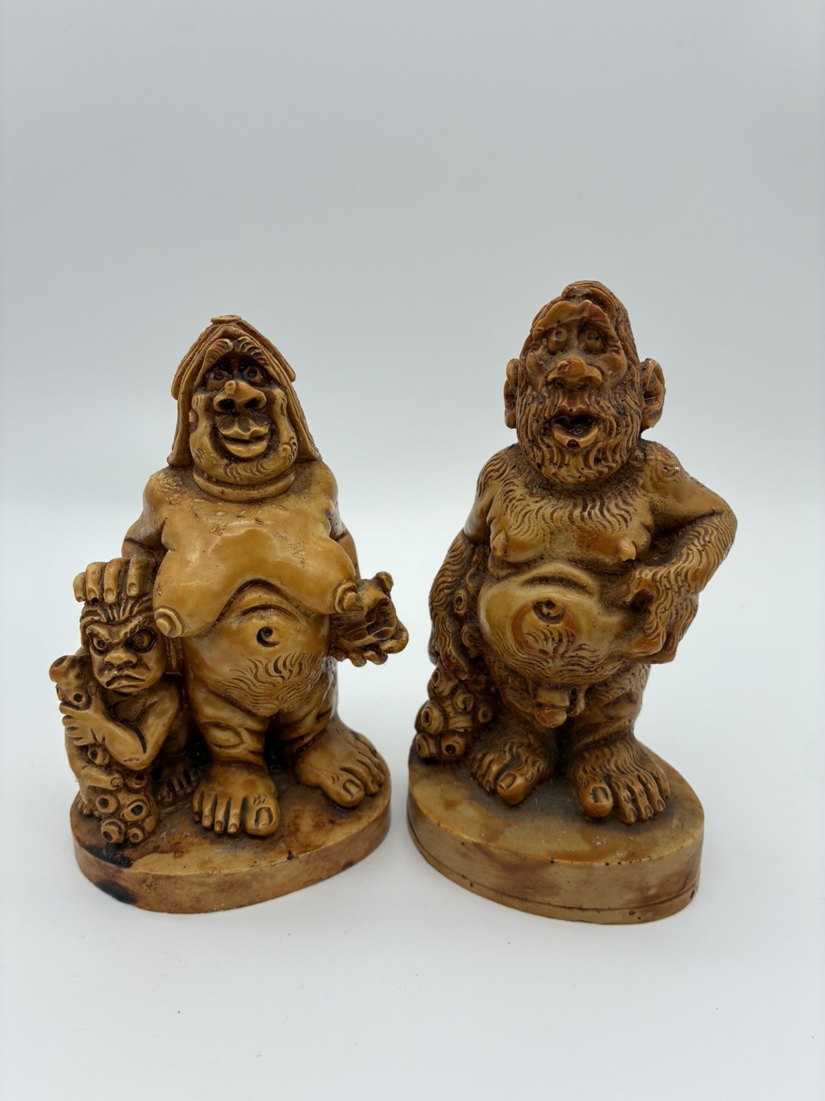 Vintage Resin Neanderthal Tiki Family Figures (2) 6” bar man cave decor