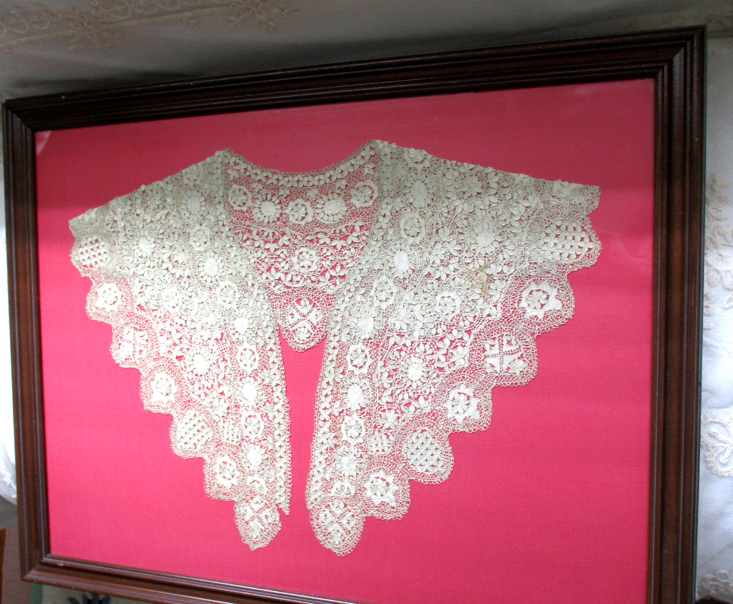 Antique SILK MALTESE Lace Stole Collar Shawl FRAMED 20” wide