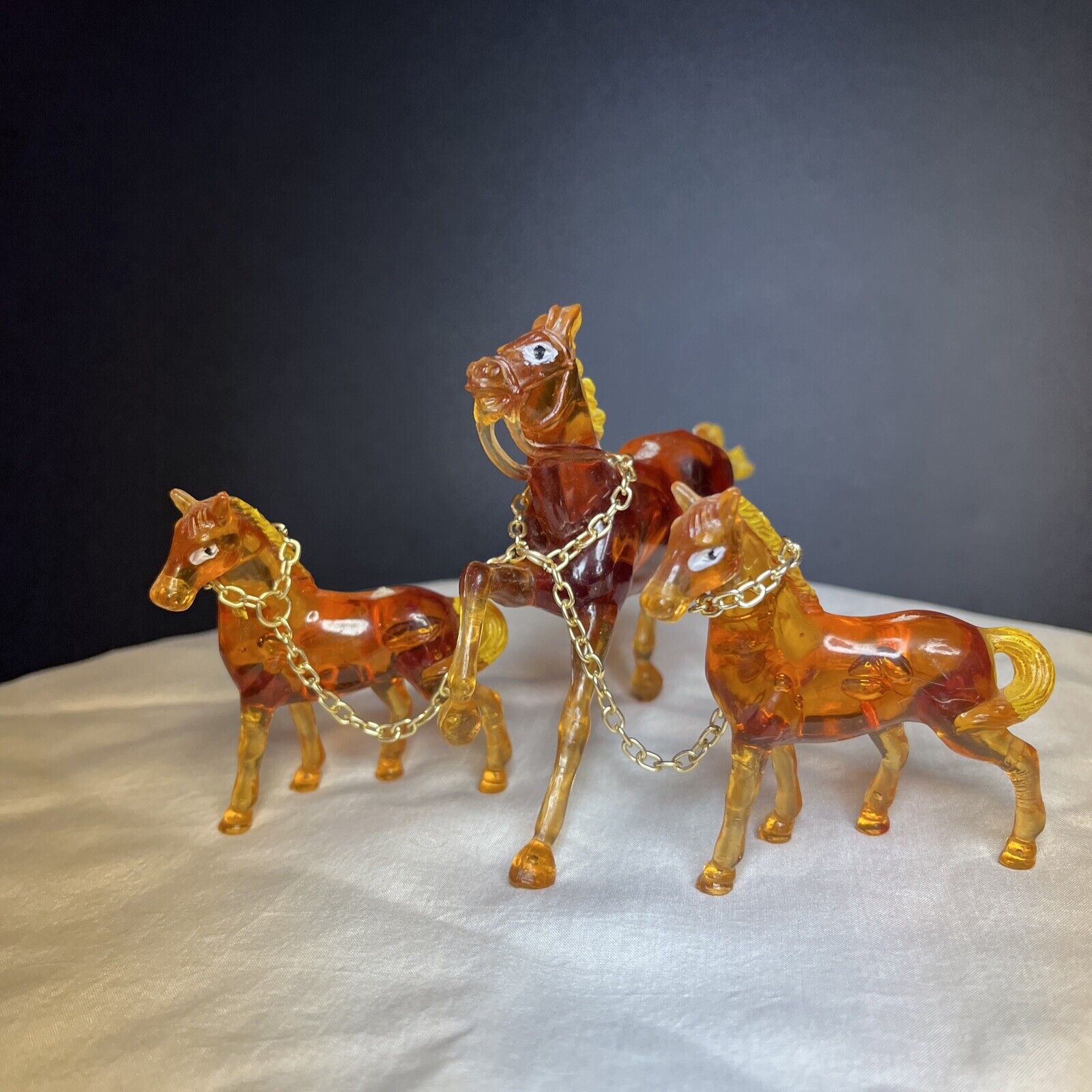 70s Vibe Amber Color Horses Plastic Horse 2 Foals On Chain Collector Figurine