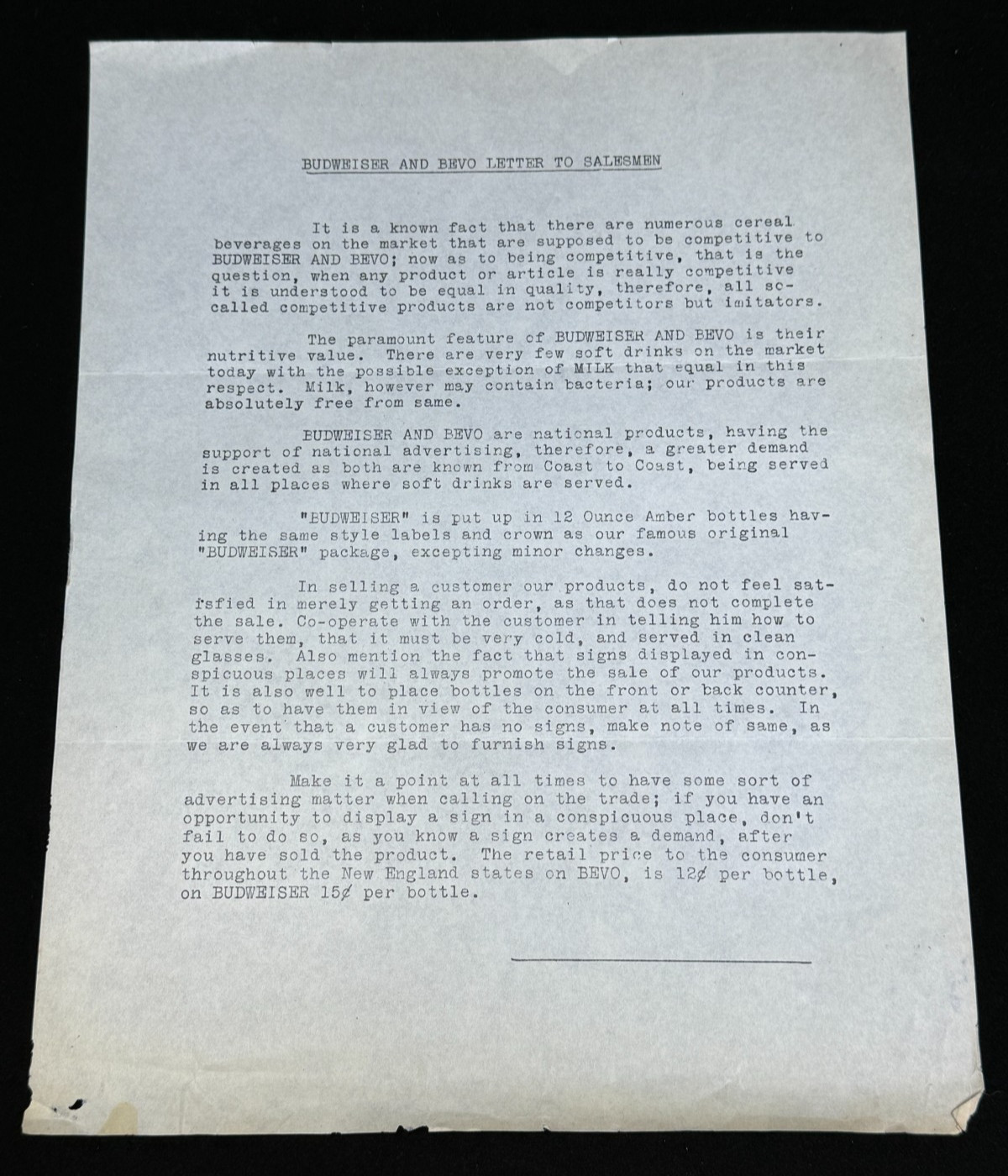 Original 1930s Budweiser & Bevo Factory Letter to Salesmen Post-Prohibition Beer