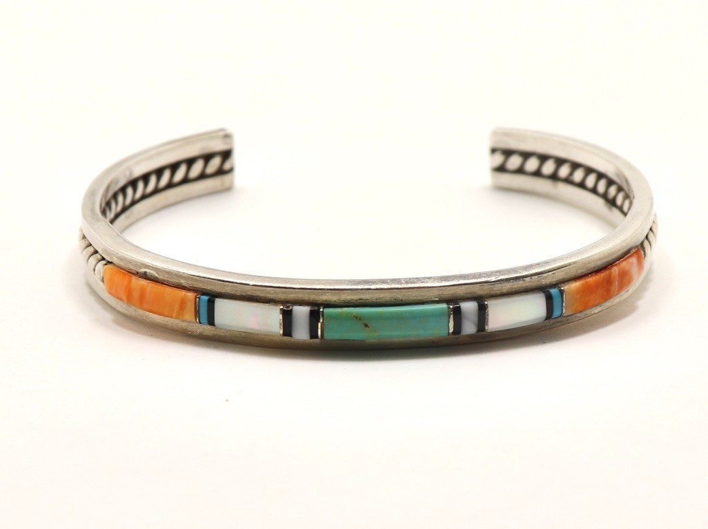 ZUNI NAVAJO JD  STERLING SILVER 925 CHANNEL MULTI STONE  INLAY CUFF BRACELET