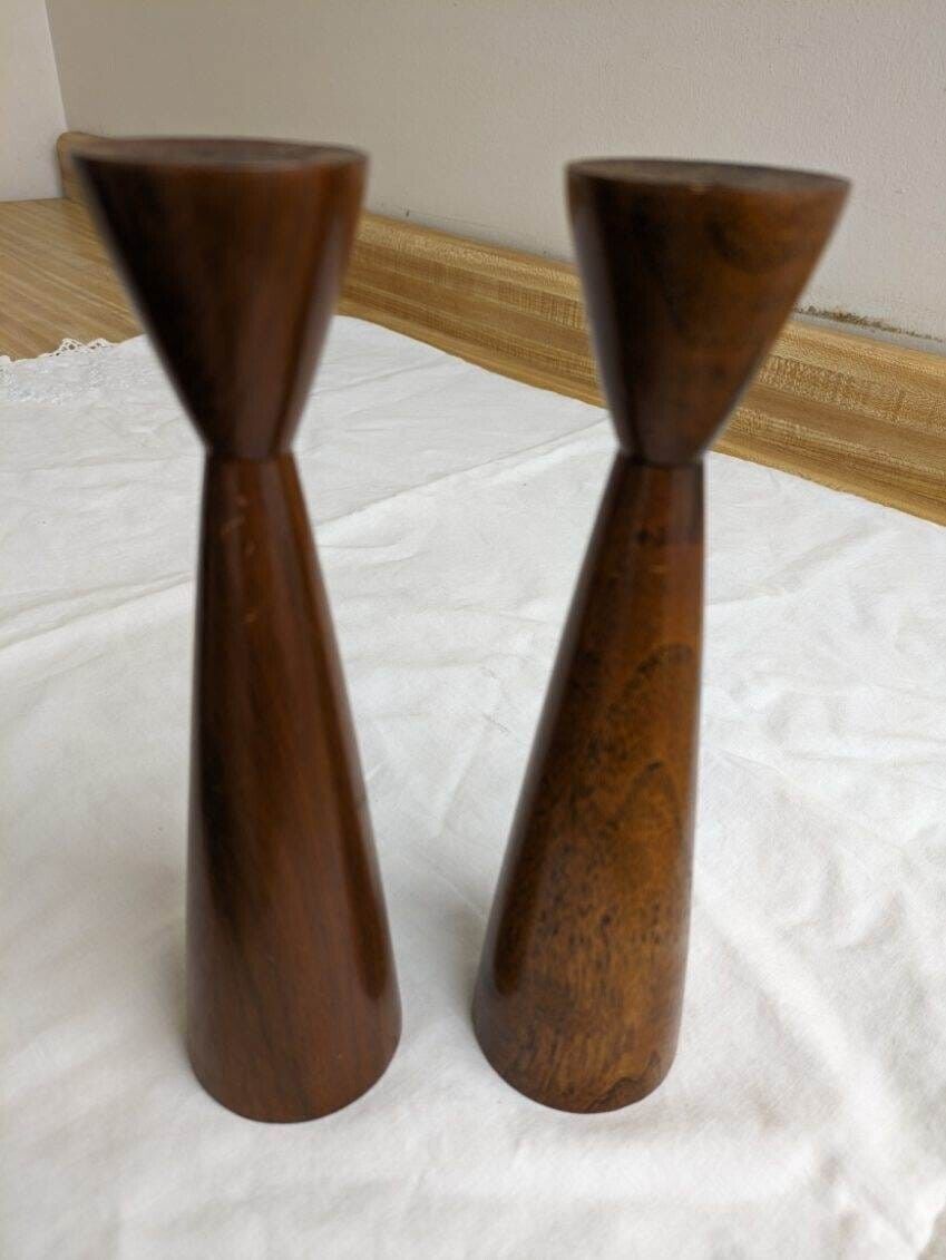 Vtg. MCM stained wood Danish modern candlestick pair.