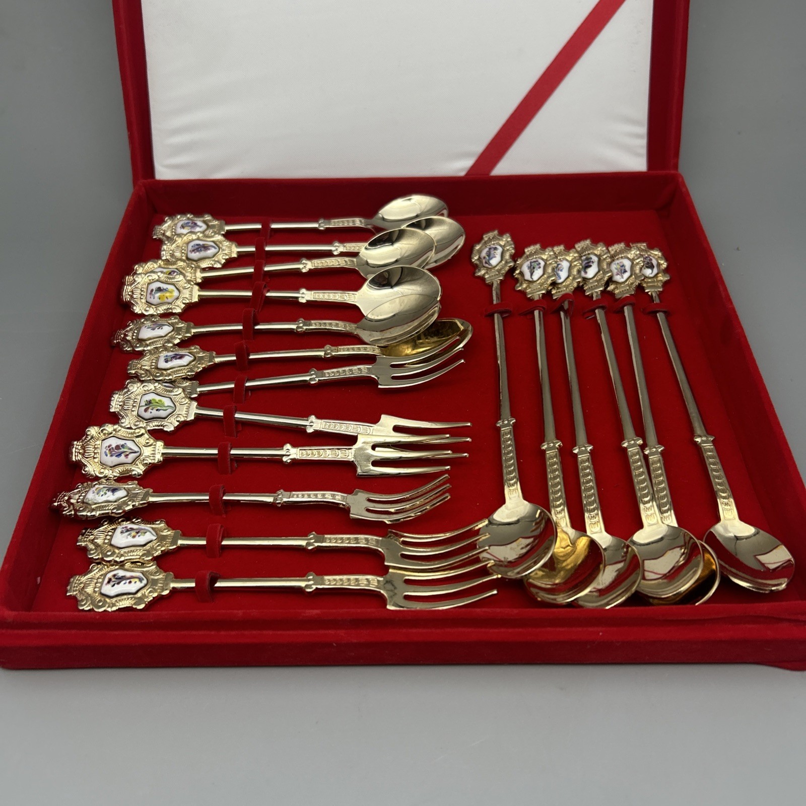 Vintage 14k Gold Filled Chinese Spoon And Fork Set Porcelain Souvenir 18 Piece