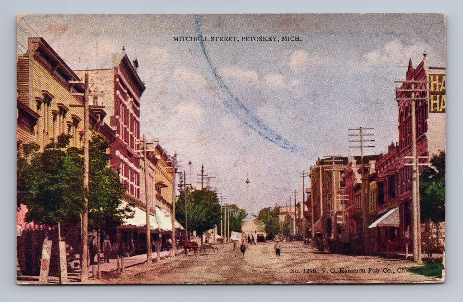Antique Michigan Postcard PETOSKEY Mitchell Street Scene 1909