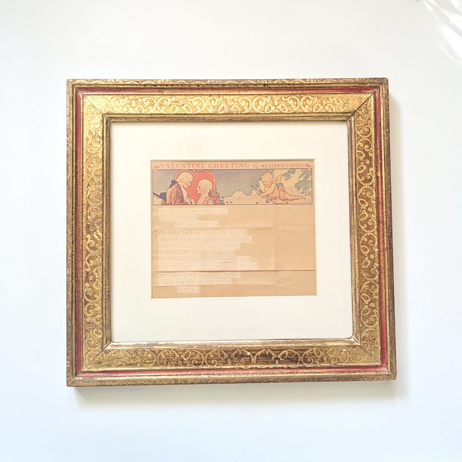 Vintage Western Union Valentine Telegram Norman Rockwell Framed 1940s Daddy