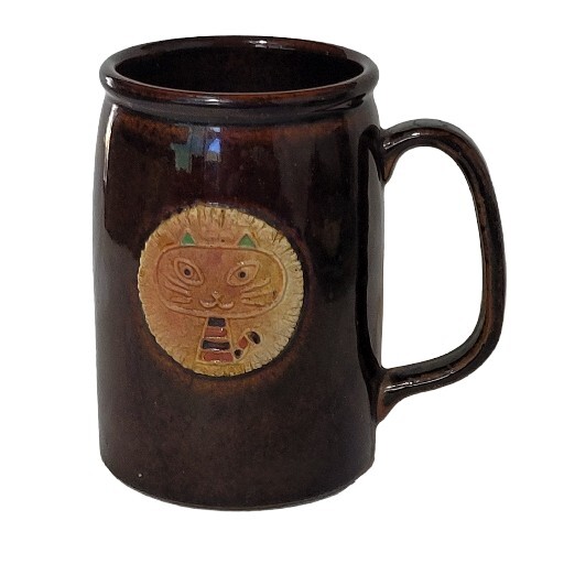 Hand Carved Lion Face Front Handmade Pottery Tankard Mug Handle Brown Blue 1974