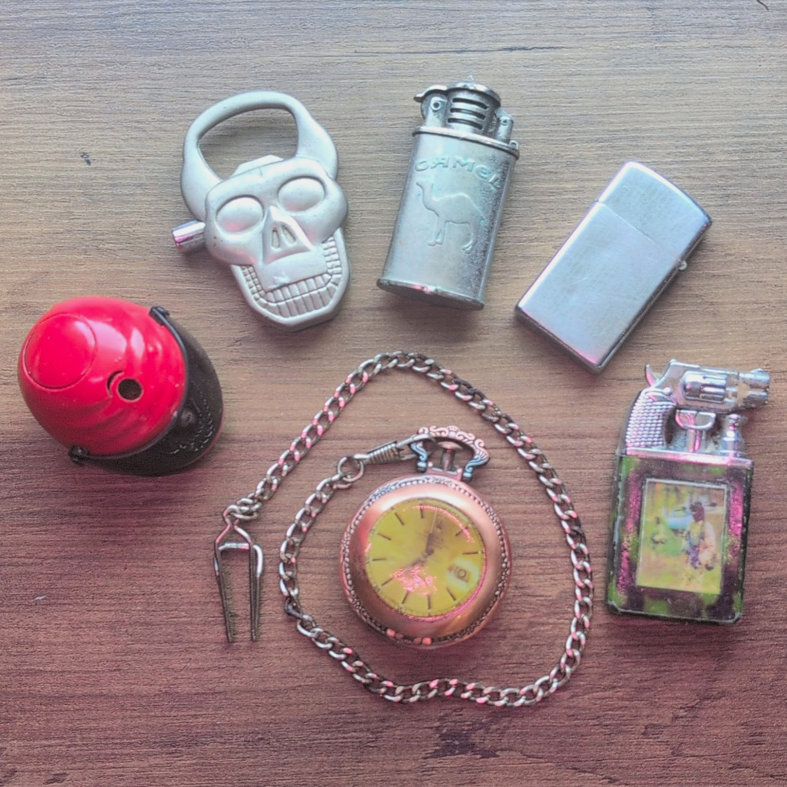 Lot of Mixed Collectible Novelty Lighters— Camel, Skull, Helmet, pocket watch, 