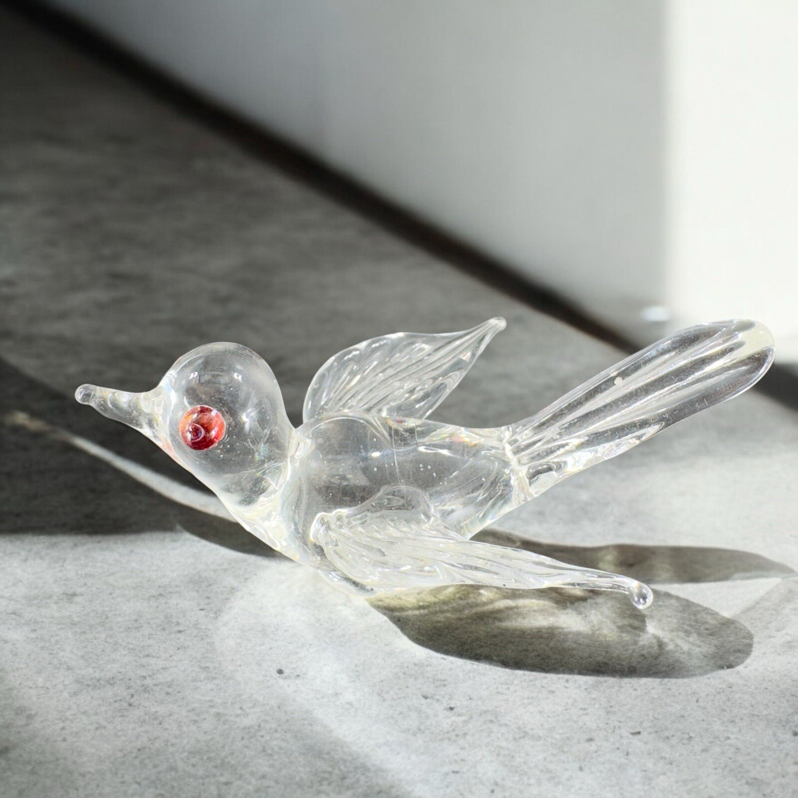 Hand Blown Art Glass Clear Bird Figurine Delicate With Red Orange Eyes Hand Made