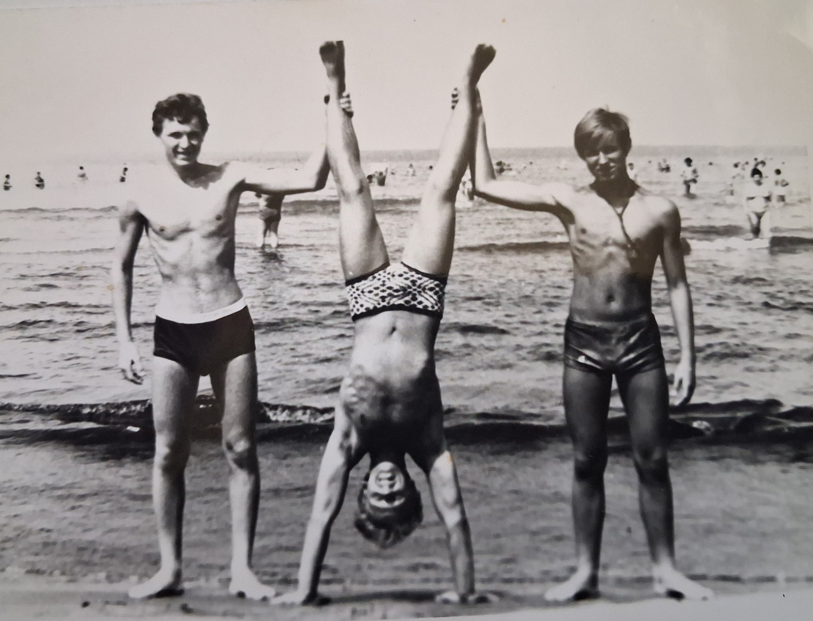 Shirtless Handsome young men acrobat bulge beach gay vintage photo