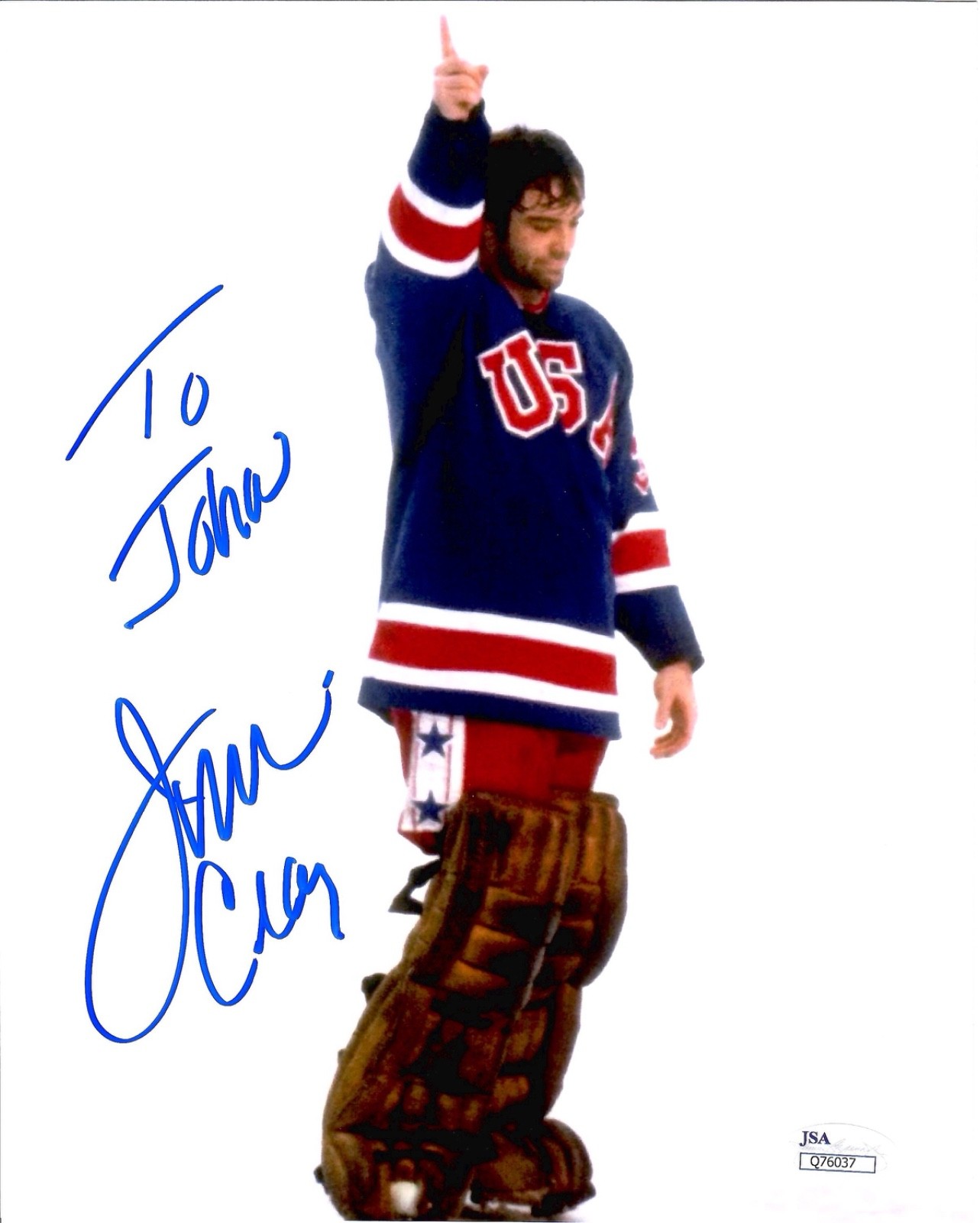 JIM CRAIG HAND SIGNED 8x10 PHOTO       1980 OLYMPIC GOALIE      TO JOHN    JSA