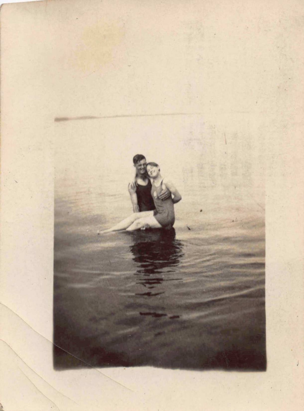 Man Holding Woman Lake 1920s Photo One Piece Swimsuit Hand Breast Legs Muscular
