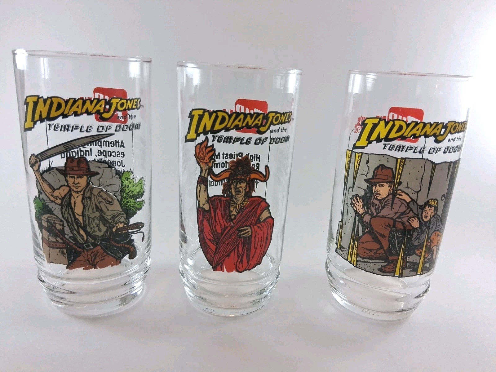 3 Indiana Jones Temple Of Doom Glasses Wendy's Collectible 7UP 1984 Made In USA