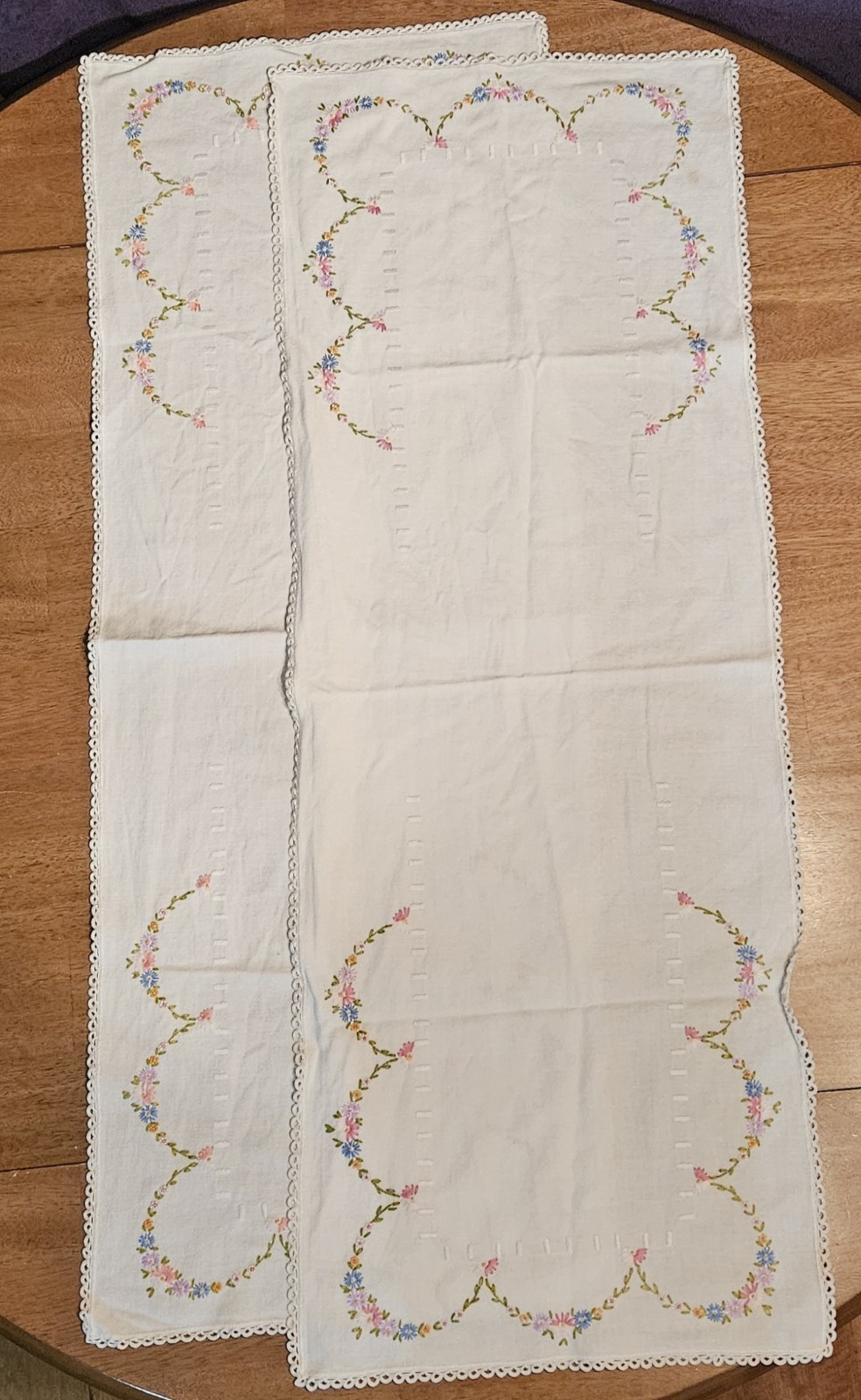 2 Vintage Floral Embroidered Dresser Scarf Runner 36 X 14 2 Vintage Floral Embroidered Dresser Scarf Runner 36 X 14