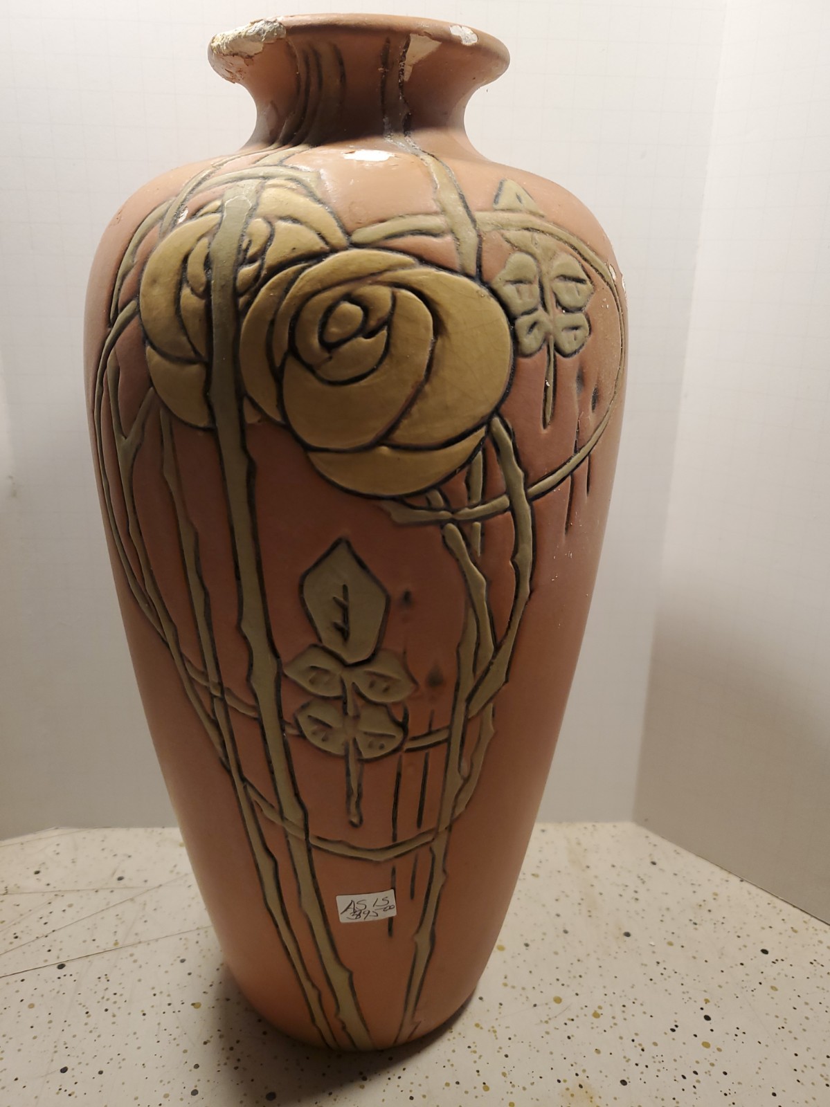 Damaged, Restored Vintage Early Weller Giant 14 inch Floral Vase in need restore