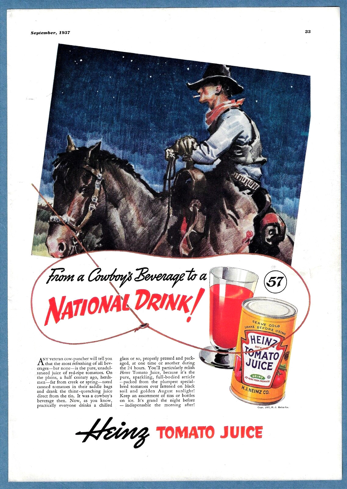 1937 HEINZ TOMATO JUICE AD ~  COWBOY\'S BEVERAGE TO A NATIONAL DRINK 3 bonus ads