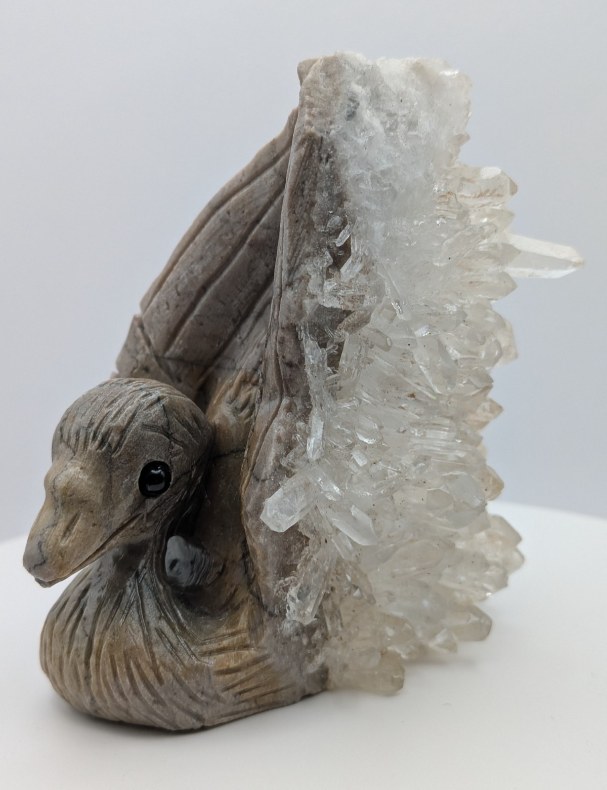 Quartz Cluster Swan Bird Carving 238g Sparkling Points Small Rainbows 82mm Tall