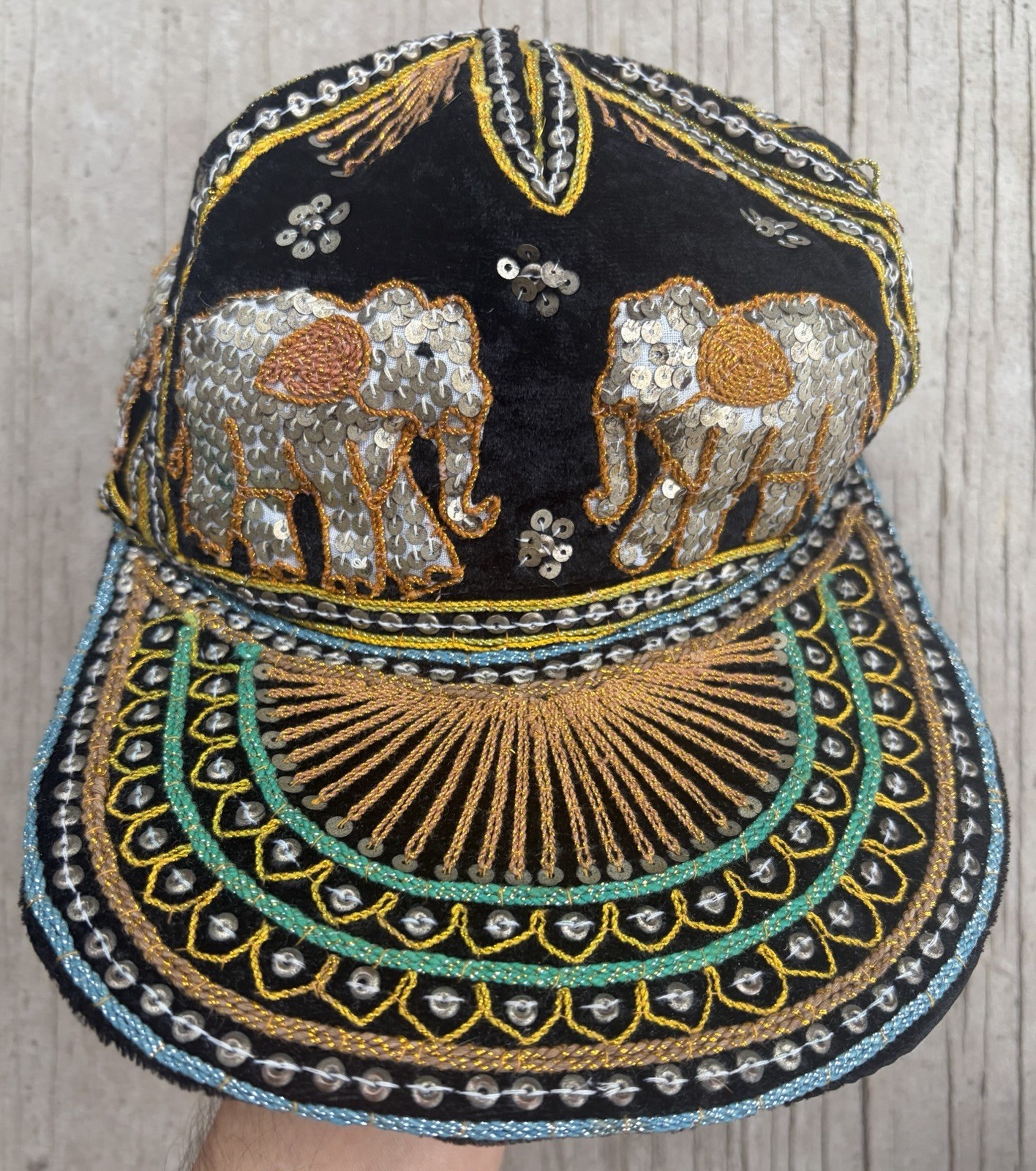 ETHNIC HAND EMBROIDERED ASIAN HAT CAP - ELEPHANTS, BEADS, SEQUINS (BURMA)