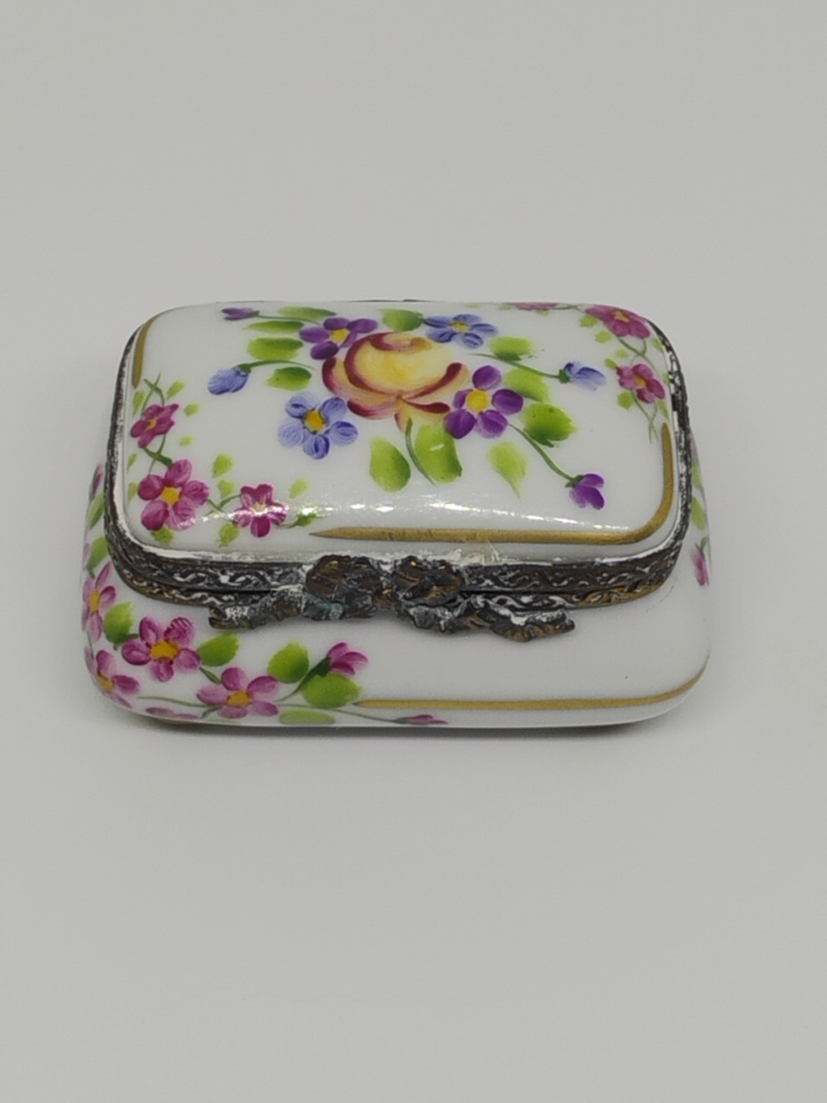 Lemoges France Pill Trinket Box Vintage Stamped Floral Brass Vintage 70s-90s