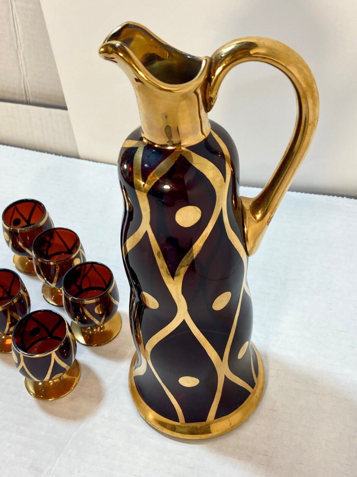 Vintage Bohemian Glass Barware Amber & Gold Decanter Wine / Cordial Pitcher Set