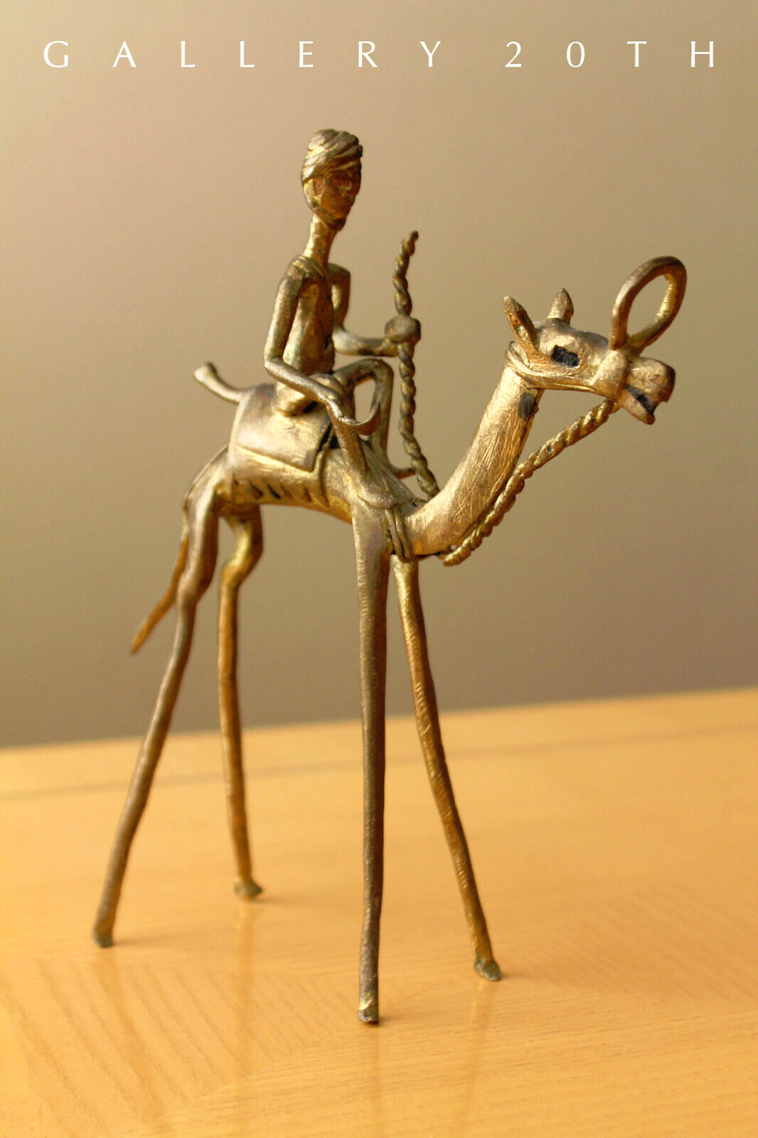 COOL ORIG. MID CENTURY MODERNIST BRASS CAMEL & RIDER SCULPTURE VTG 50'S GOLD