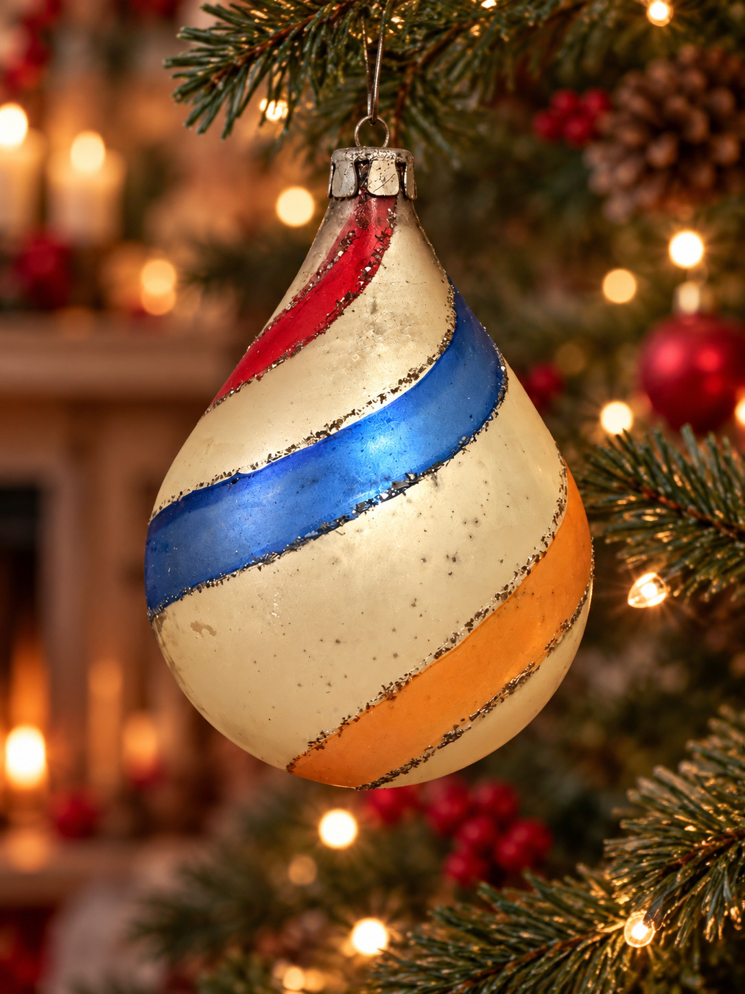 Vintage Poland 4” Glass Christmas Ornament Striped Swirl Raindrop Mica