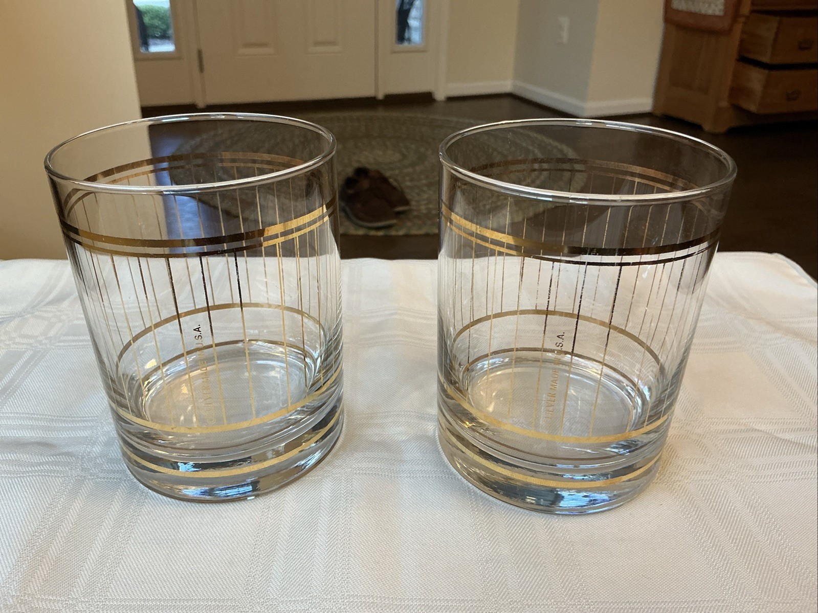 Vintage Set 2 MCM Culver Made In USA Gold Striped Lowball Old Fashion Glasses Vintage Set 2 MCM Culver Made In USA Gold Striped Lowball Old Fashion Glasses