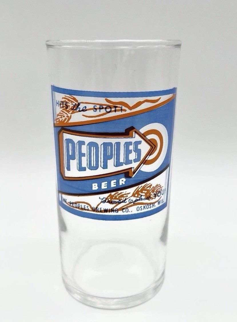 Vintage 40s Peoples Beer Glass Oshkosh Wisconsin Breweriana Barware Misprint