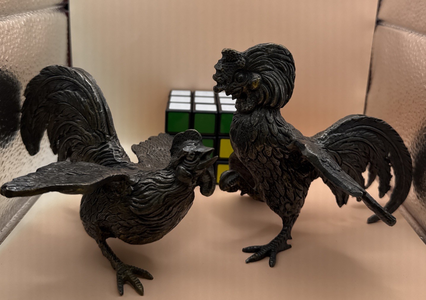Vintage Mid Century Pair Brass Fighting Roosters Bronze Plated Collection