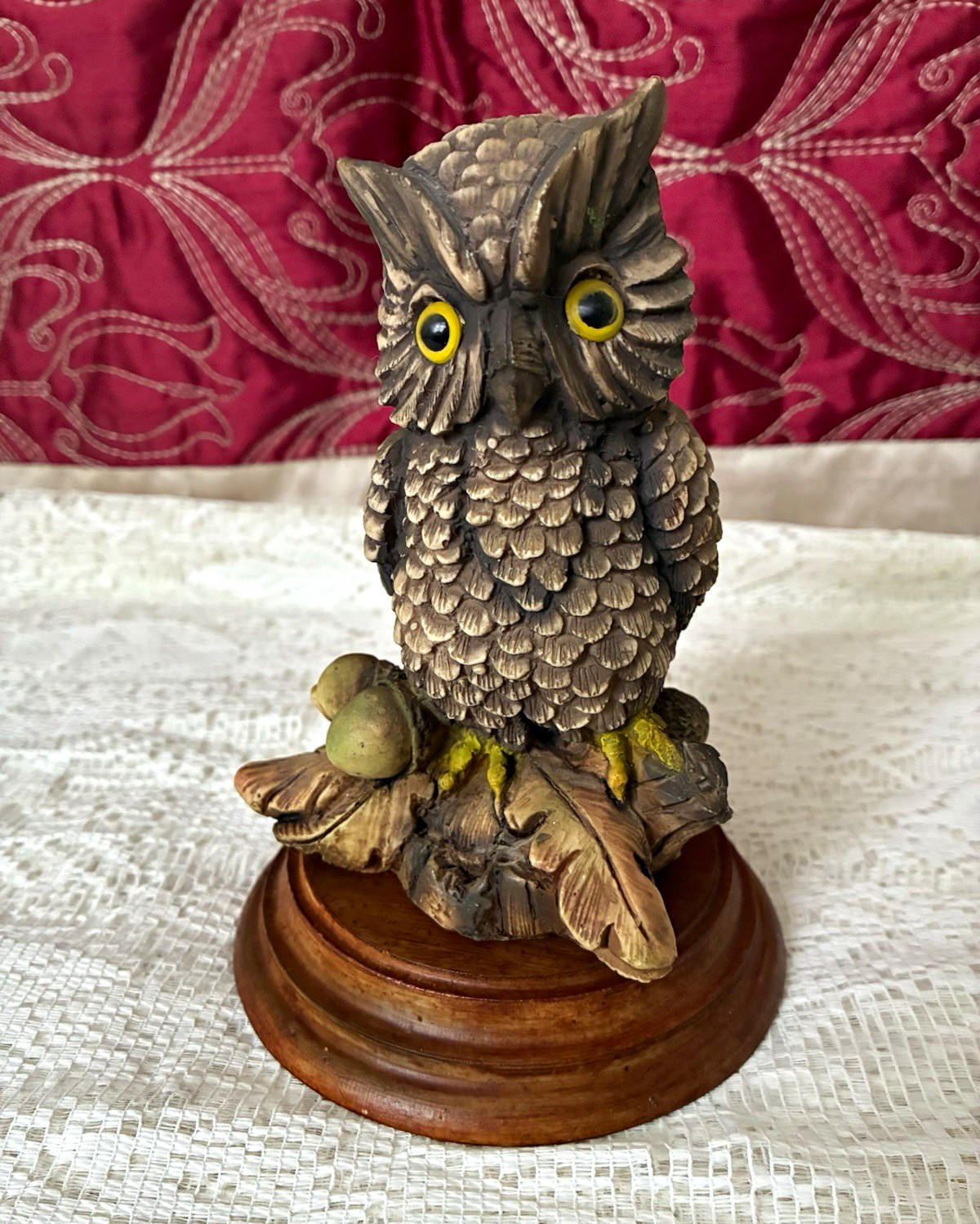 Vintage Heavy Resin Long Eared Owl Figurine On Wooden Plinth Glass Eyes Signed Vintage Heavy Resin Long Eared Owl Figurine On Wooden Plinth Glass Eyes Signed
