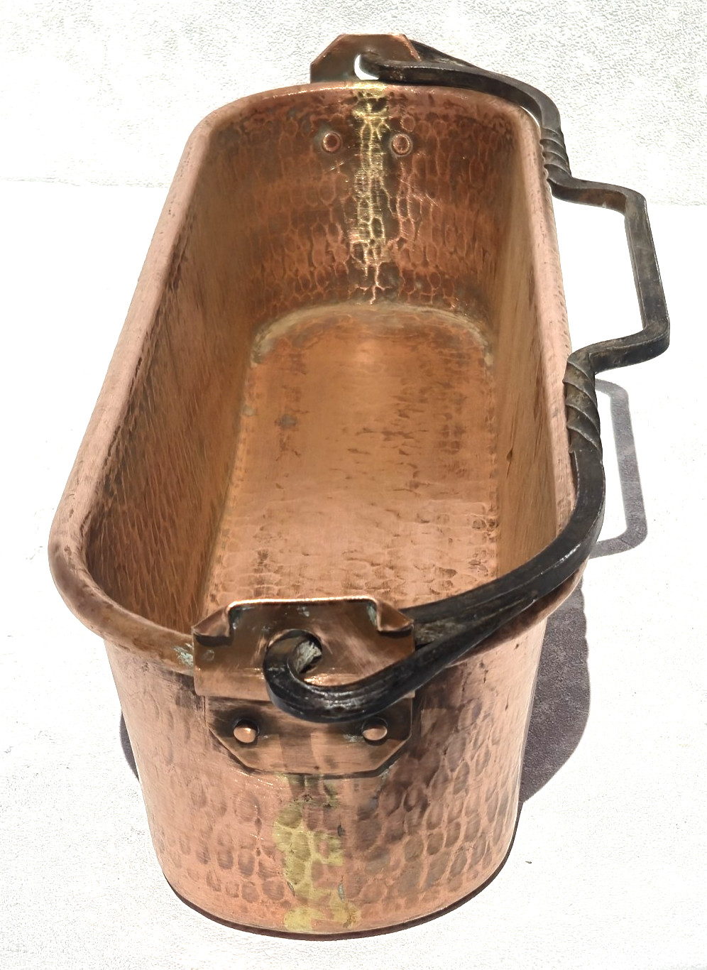 Vintage 18.5inch French Copper Fish Kettle Planter Hammered Iron Swing Handle