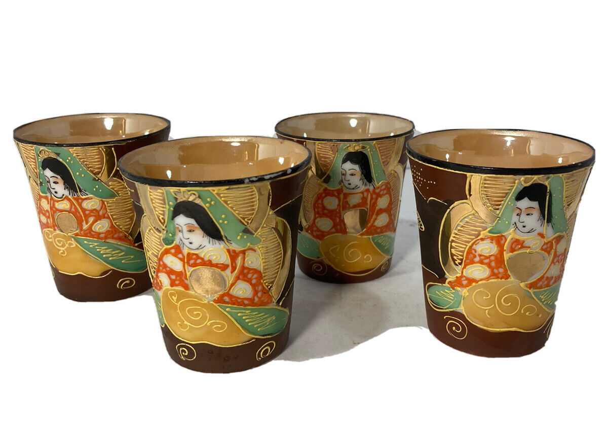 Vtg 1920-1940’s Takito & Co Set Of 4 Hand Painted Satsuma Moriage 2.75” Cups