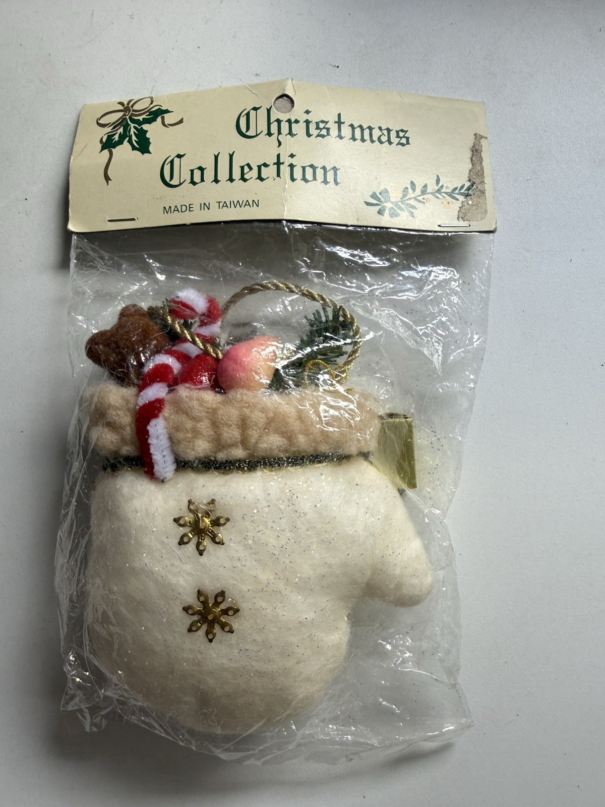 Christmas Mitten Ornament Cream Gold Glitter Teddy Bear Taiwan Original Package