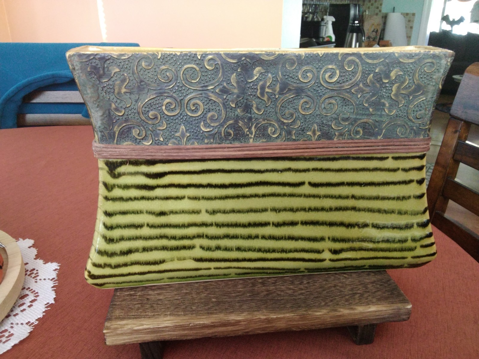 Vintage CERAMIC PLANTER W/GREEN BLACK STRIPES AND BROWN  CLUTCH SHAPED