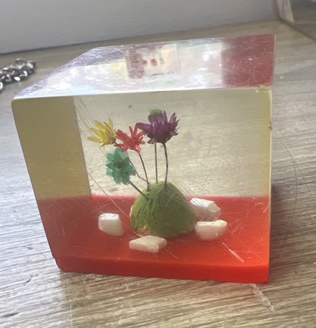 Retro Clear Lucite Paperweight Cube Red Bottom With Dried Flowers
