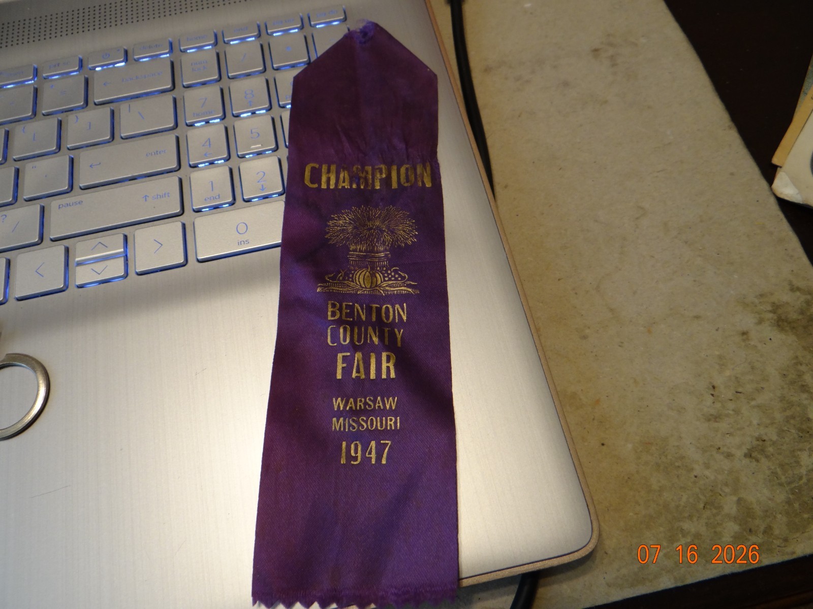 1947 Champion Ribbon Warsaw Missouri Benton County Fair