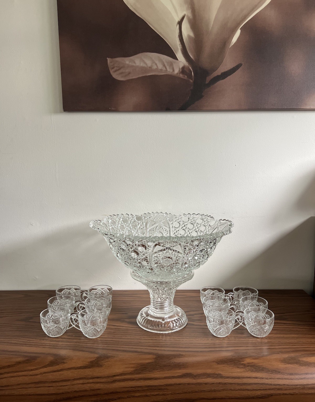 1894 EAPG Mckee Cut Glass Punch Bowl With Base & 12 Cups
